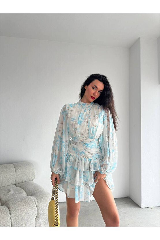Dik Yakalı Drapeli Sırt Detaylı Çiçek Desenli Mint Yeşili Mini Şifon Elbise