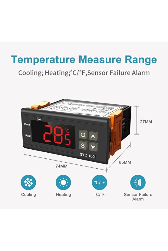 STC-1000 220V Dijital Termostat - Isıtma ve Soğutma Röleli Sıcaklık Kontrol Cihazı (+NTC Sensörlü)