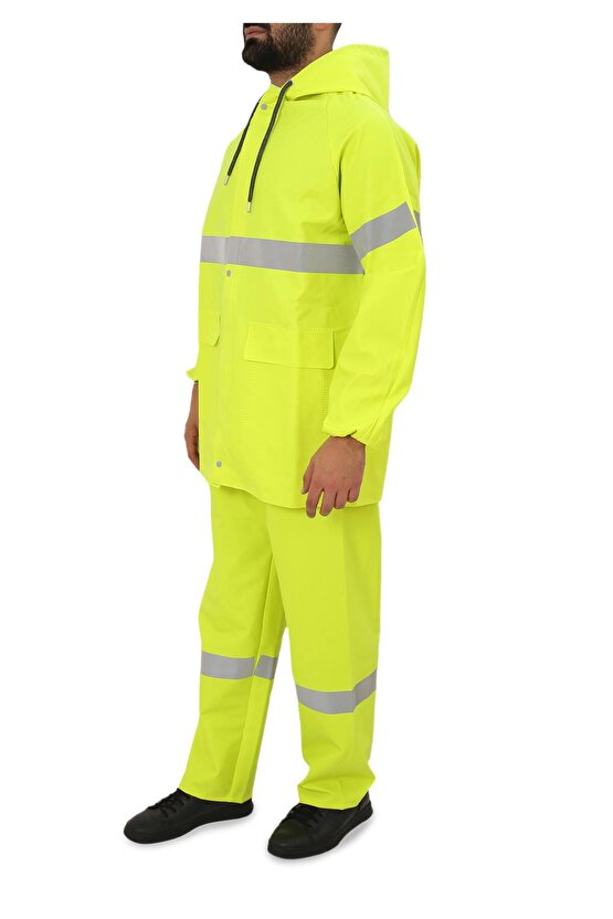 Yüksek Görünümlü Reflektörlü Dikişsiz Fermuarlı Yağmurluk Alt Üst Takım Pvc Su Geçirmez