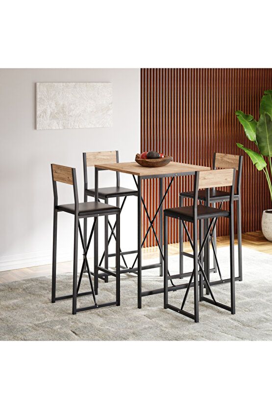 4 Kişilik Bar Masa Sandalye Seti Mutfak Yemek Masası Takımı Döşeme Çam  1578