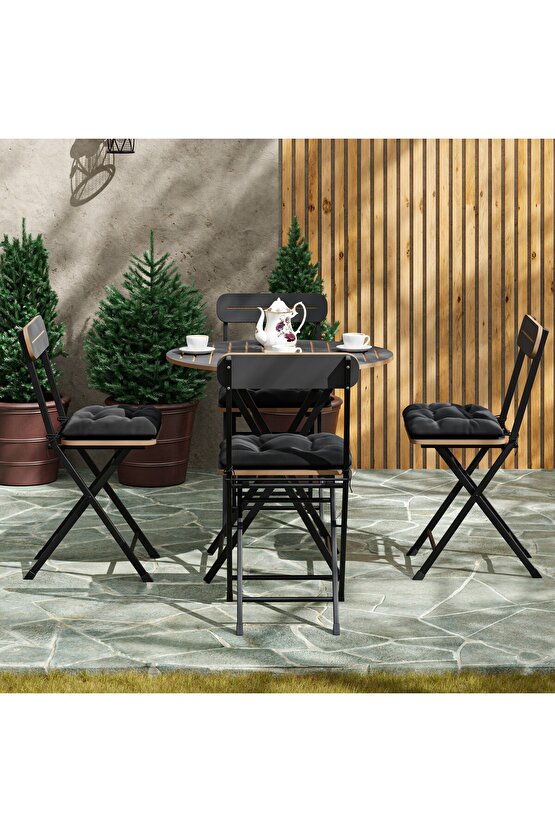 4 Kişilik Minderli Yuvarlak Bistro Takım Bahçe Mutfak Masa Sandalye