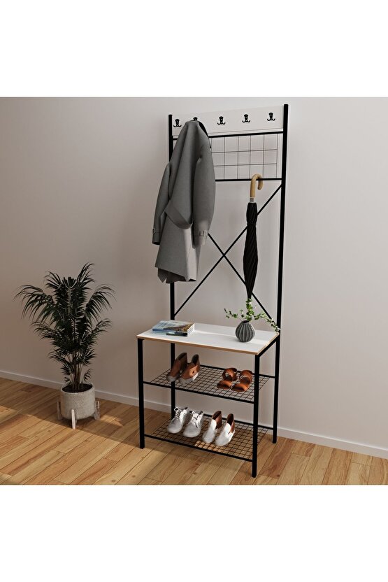 Dar Metal Portmanto, Elbise Askılığı, Vestiyer, Ayakkabılık Beyaz 1359