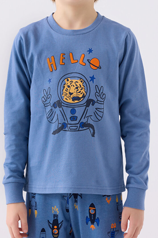 Erkek Çocuk Mavi Uzun Kol Pijama Takım