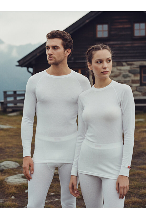 Unisex Termal Yuvarlak Yaka Uzun Kol Tişört 2. Seviye 9259 - Beyaz