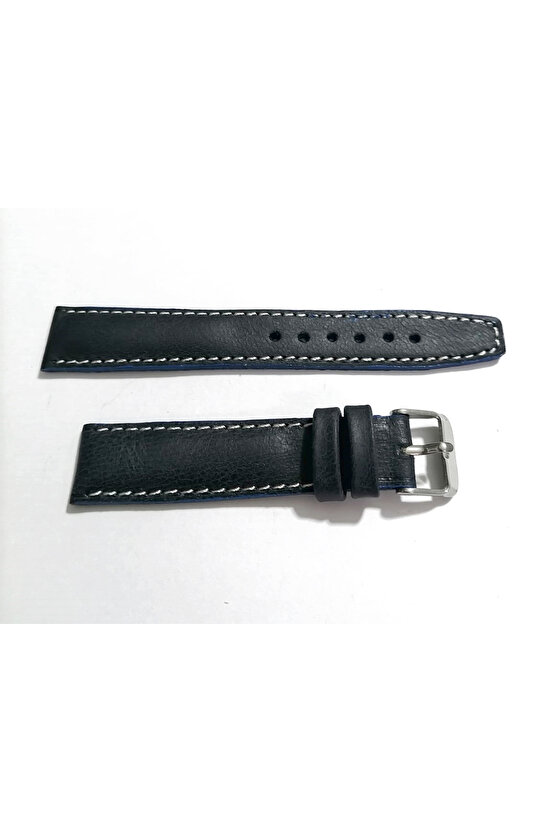 & Her Saate Uyumlu Hakiki Siyah Deri Saat Kordonu 20 mm (304) beyaz dikişli