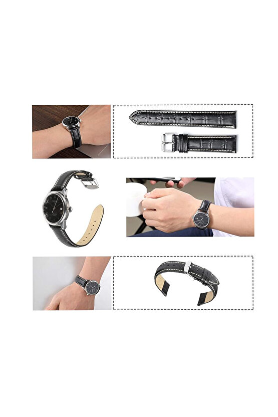 &Her Saate Uyumlu Hakiki  Dana  Derisi  Saat Kordonu 20   mm (  120 )  siyah beyaz dikişli