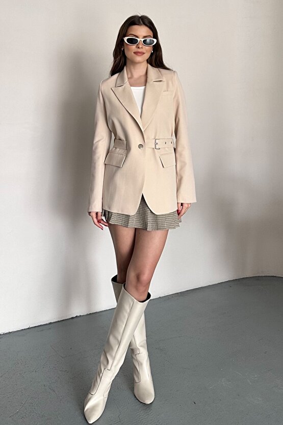 Kadın Blazer Ceket Kemerli Şık Model – Tek Düğmeli, Rahat Kalıp Casual