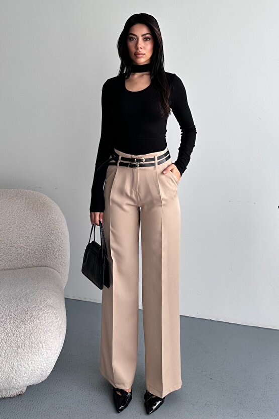 Kadın Palazzo Pantolon Kemerli | Yüksek Bel Bol Paça Günlük Çift Kemerli Tasarım