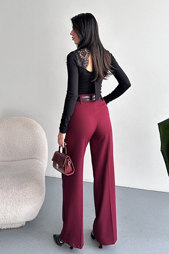 Kadın Palazzo Pantolon Kemerli | Yüksek Bel Bol Paça Günlük Çift Kemerli Tasarım