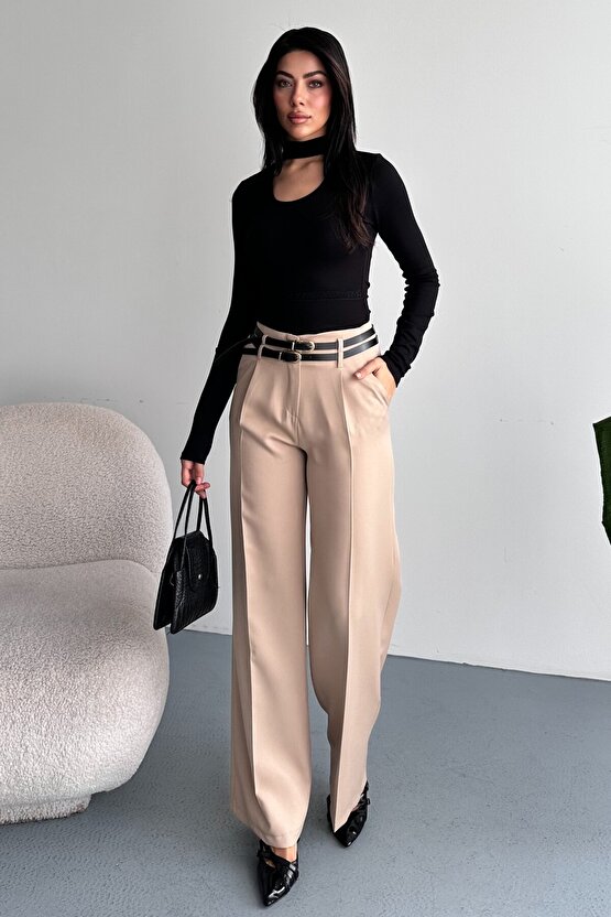 Kadın Palazzo Pantolon Kemerli | Yüksek Bel Bol Paça Günlük Çift Kemerli Tasarım