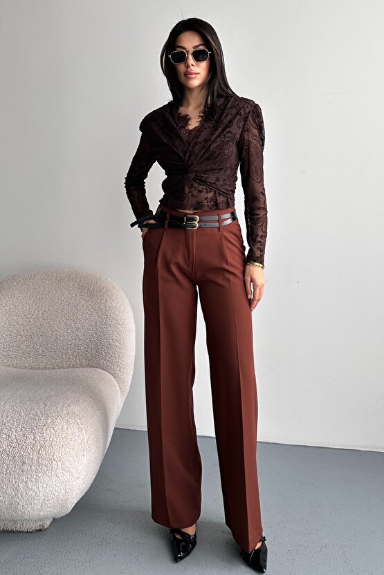 Kadın Palazzo Pantolon Kemerli | Yüksek Bel Bol Paça Günlük Çift Kemerli Tasarım