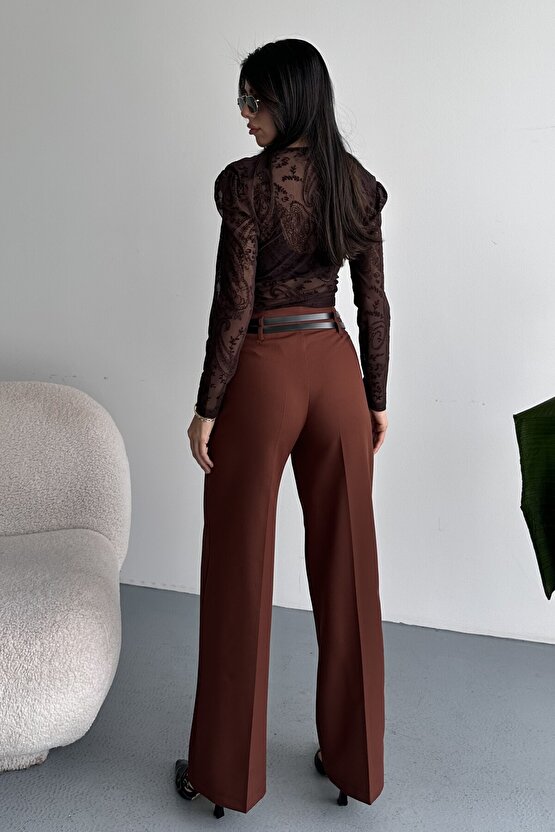 Kadın Palazzo Pantolon Kemerli | Yüksek Bel Bol Paça Günlük Çift Kemerli Tasarım