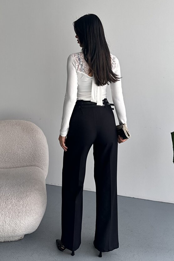 Kadın Palazzo Pantolon Kemerli | Yüksek Bel Bol Paça Günlük Çift Kemerli Tasarım