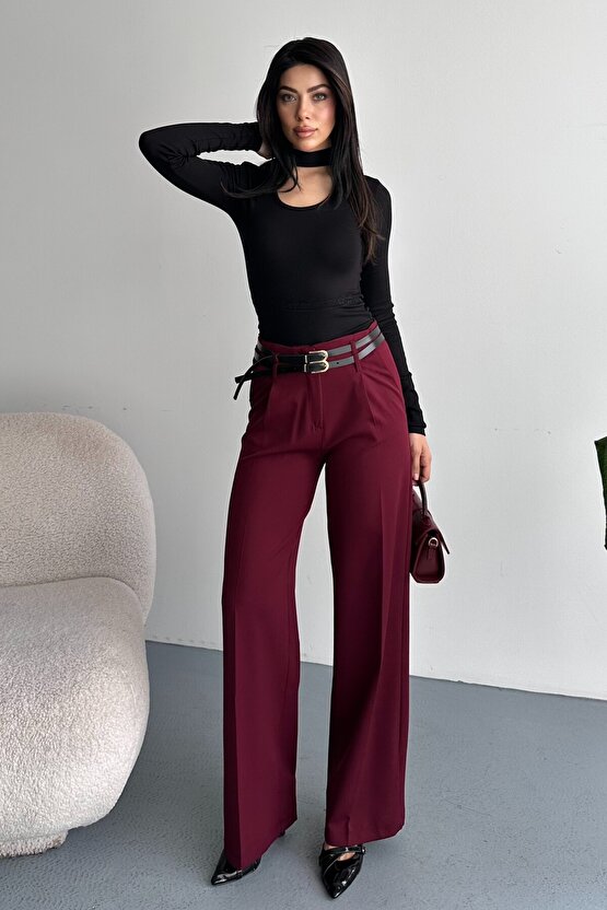 Kadın Palazzo Pantolon Kemerli | Yüksek Bel Bol Paça Günlük Çift Kemerli Tasarım