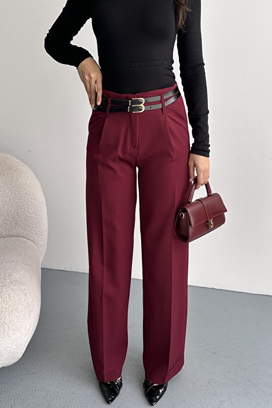 Kadın Palazzo Pantolon Kemerli | Yüksek Bel Bol Paça Günlük Çift Kemerli Tasarım