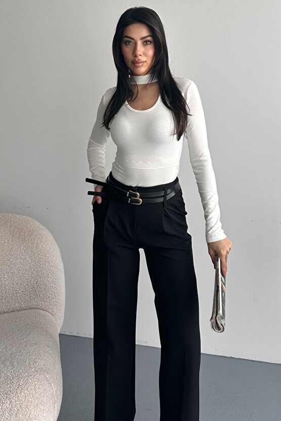 Kadın Palazzo Pantolon Kemerli | Yüksek Bel Bol Paça Günlük Çift Kemerli Tasarım