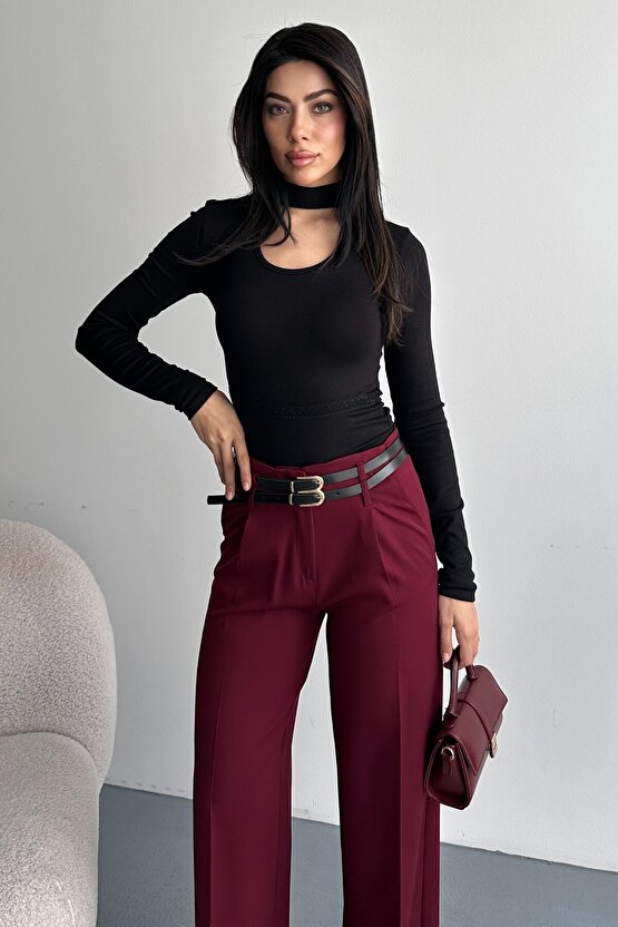 Kadın Palazzo Pantolon Kemerli | Yüksek Bel Bol Paça Günlük Çift Kemerli Tasarım