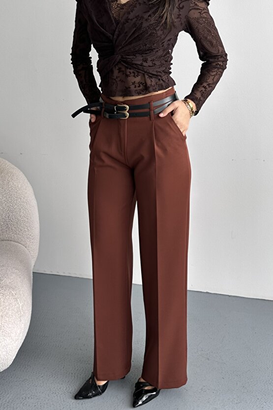 Kadın Palazzo Pantolon Kemerli | Yüksek Bel Bol Paça Günlük Çift Kemerli Tasarım