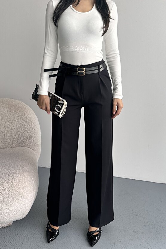 Kadın Palazzo Pantolon Kemerli | Yüksek Bel Bol Paça Günlük Çift Kemerli Tasarım
