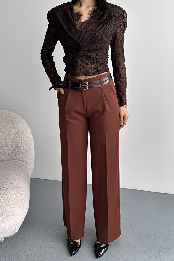 Kadın Palazzo Pantolon Kemerli | Yüksek Bel Bol Paça Günlük Çift Kemerli Tasarım