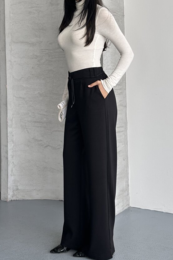 Kadın Yüksek Bel Bağcıklı Bol Paça Palazzo Pantolon – Rahat Kesim Günlük & Şık