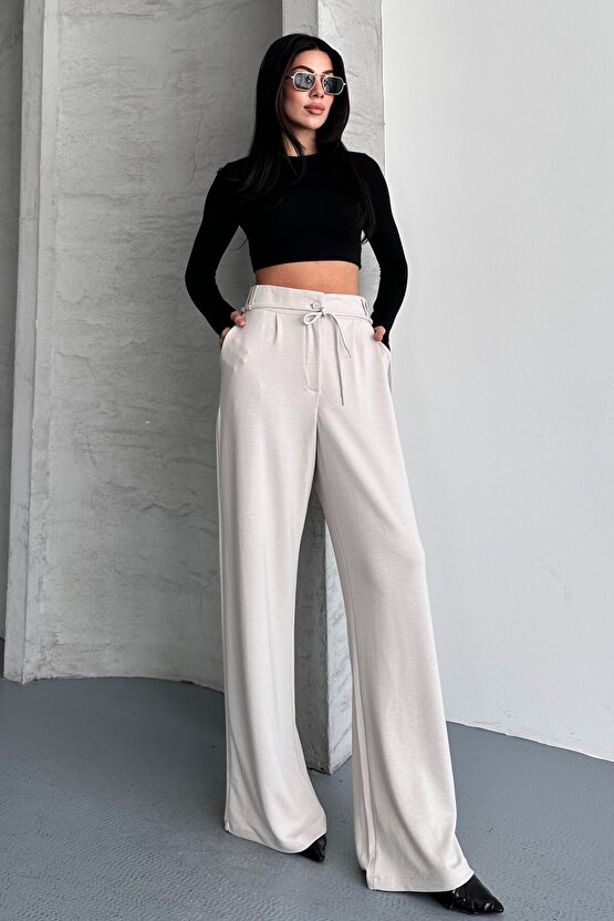 Kadın Yüksek Bel Bağcıklı Bol Paça Palazzo Pantolon – Rahat Kesim Günlük & Şık