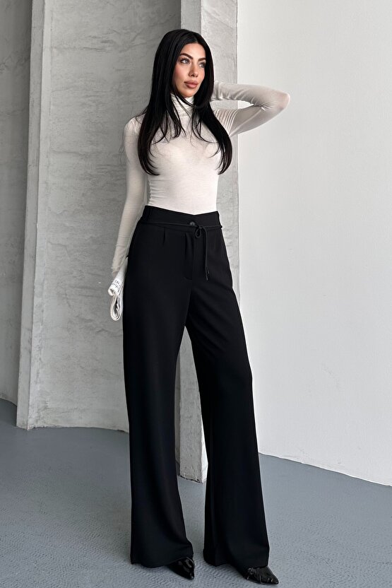 Kadın Yüksek Bel Bağcıklı Bol Paça Palazzo Pantolon – Rahat Kesim Günlük & Şık