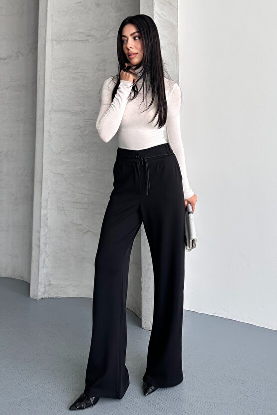 Kadın Yüksek Bel Bağcıklı Bol Paça Palazzo Pantolon – Rahat Kesim Günlük & Şık