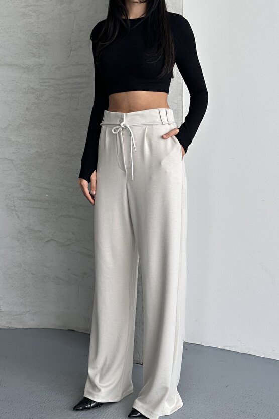 Kadın Yüksek Bel Bağcıklı Bol Paça Palazzo Pantolon – Rahat Kesim Günlük & Şık