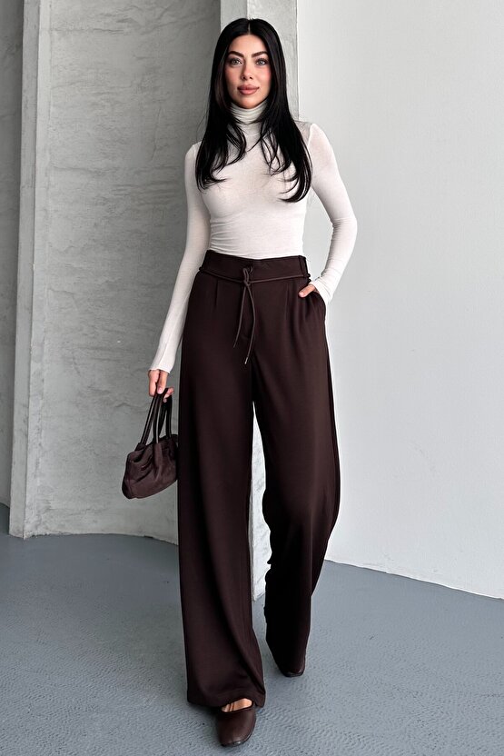 Kadın Yüksek Bel Bağcıklı Bol Paça Palazzo Pantolon – Rahat Kesim Günlük & Şık