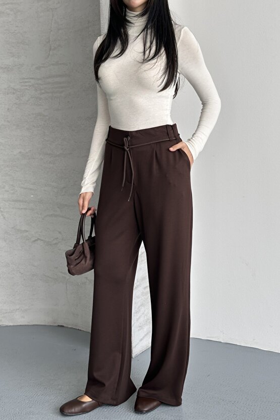 Kadın Yüksek Bel Bağcıklı Bol Paça Palazzo Pantolon – Rahat Kesim Günlük & Şık