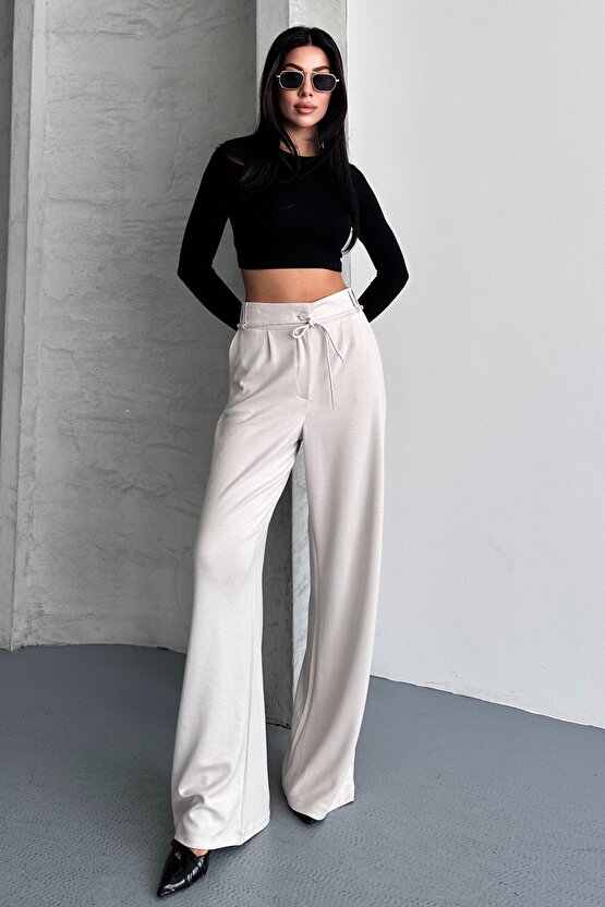 Kadın Yüksek Bel Bağcıklı Bol Paça Palazzo Pantolon – Rahat Kesim Günlük & Şık
