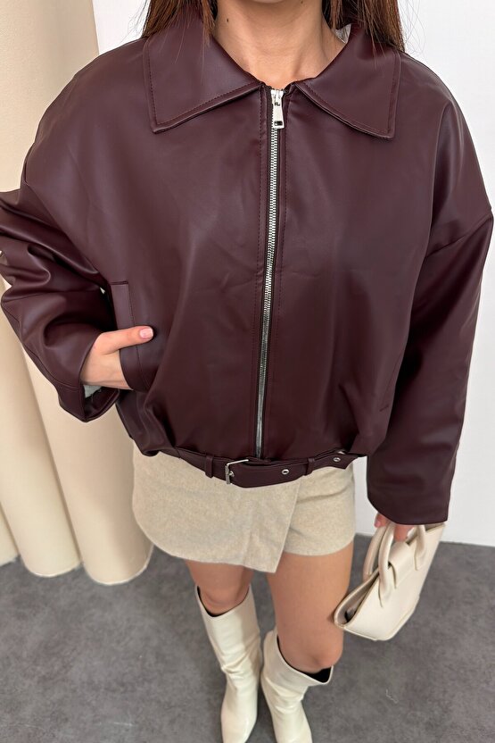 Kadın İçi Kürklü Peluş Astarlı Kemerli Oversize Deri Mont Ceket