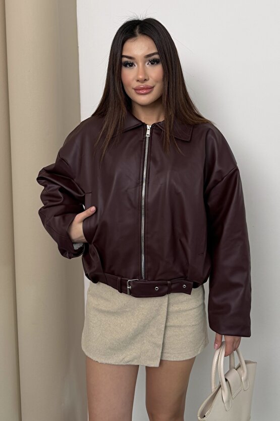 Kadın İçi Kürklü Peluş Astarlı Kemerli Oversize Deri Mont Ceket