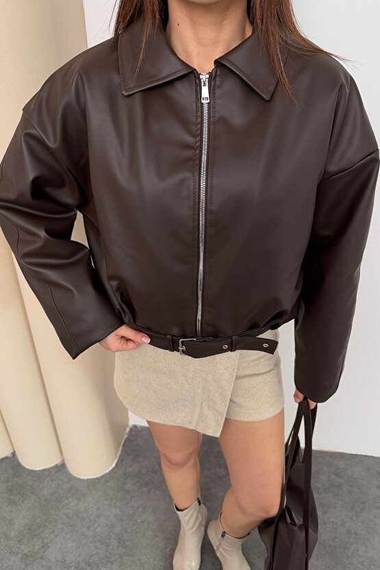 Kadın İçi Kürklü Peluş Astarlı Kemerli Oversize Deri Mont Ceket