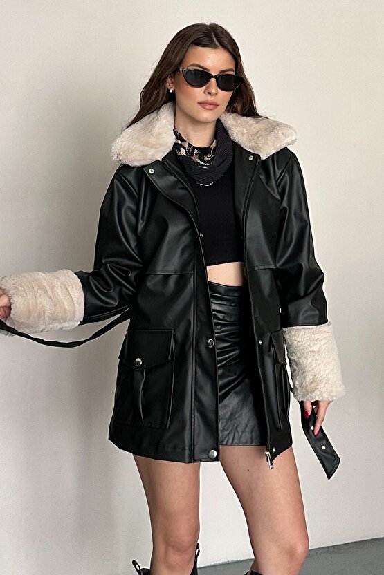 Kadın Kürk Detaylı Kemerli Deri Mont Astarlı Uzun Suni Deri Kaban
