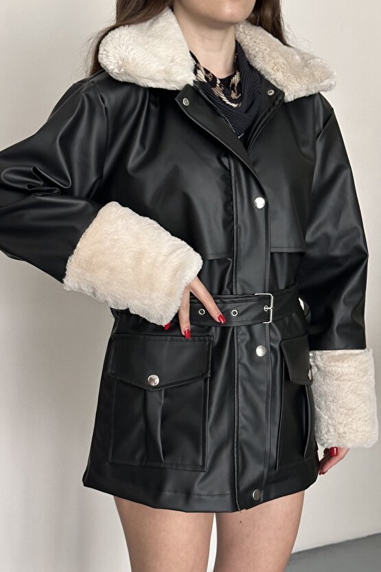 Kadın Kürk Detaylı Kemerli Deri Mont Astarlı Uzun Suni Deri Kaban