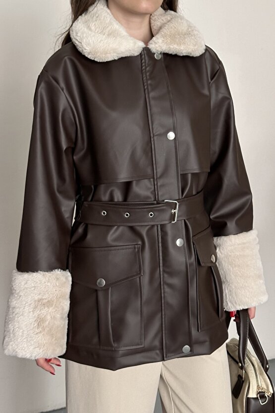 Kadın Kürk Detaylı Kemerli Deri Mont Astarlı Uzun Suni Deri Kaban