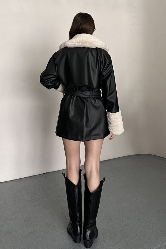 Kadın Kürk Detaylı Kemerli Deri Mont Astarlı Uzun Suni Deri Kaban