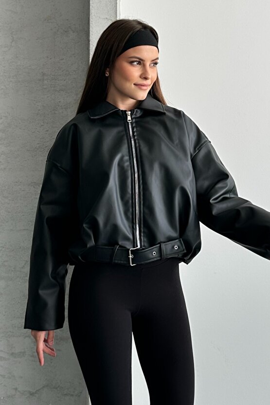 Kadın İçi Kürklü Oversize Deri Mont - Peluş Astarlı Biker Deri Ceket