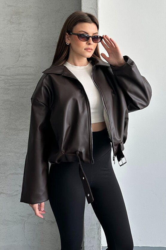 Kadın İçi Kürklü Oversize Deri Mont - Peluş Astarlı Biker Deri Ceket