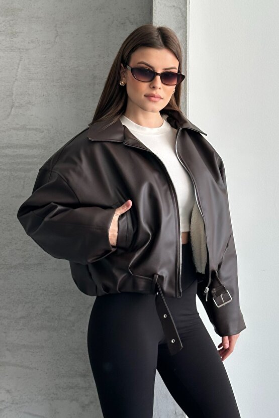 Kadın İçi Kürklü Oversize Deri Mont - Peluş Astarlı Biker Deri Ceket
