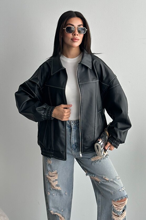 Kadın Vintage Oversize Siyah Deri Ceket - Bomber Kontrast Detaylı Biker Mont