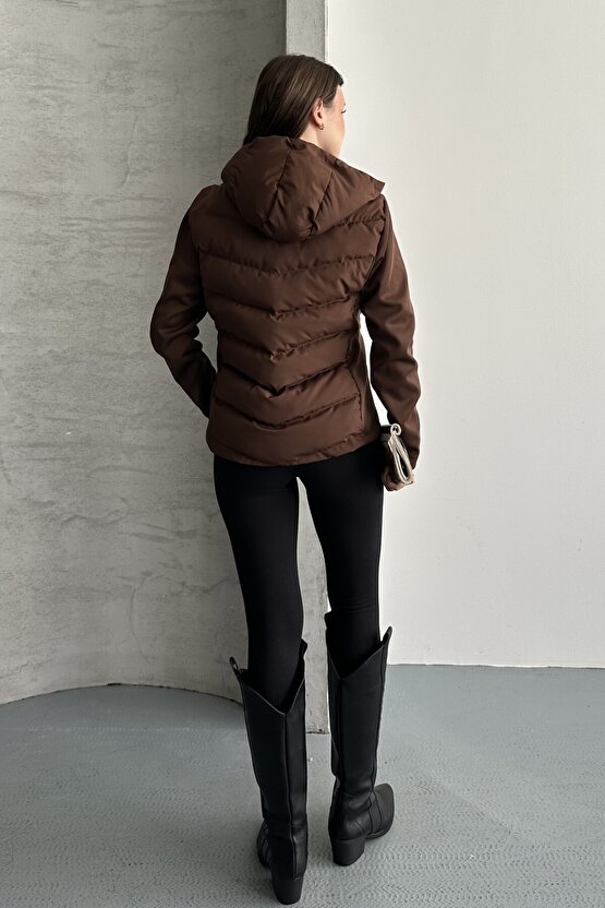 Kadın Kahverengi Kapüşonlu Termal Şişme Mont - Yeni Sezon Range Rover Mom ZR Stil Mont