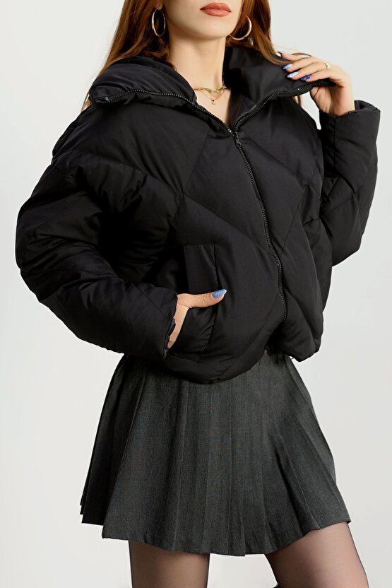 Kadın Oversize Siyah Şişme Mont | Dolgulu Su Geçirmez Puffer Ceket Kışlık