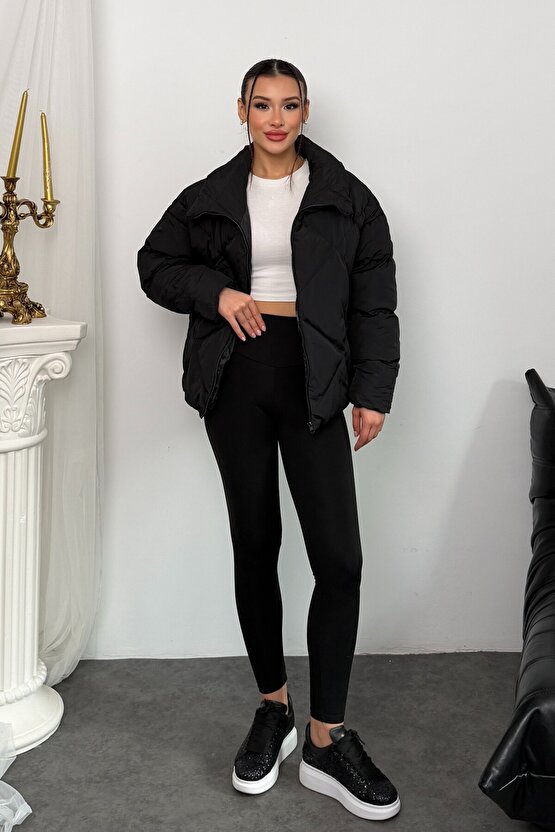 Kadın Siyah Oversize Şişme Mont - Yüksek Yaka, Baklava Desenli