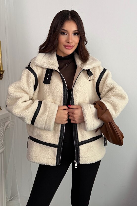 Kadın Deri Detaylı Oversize Peluş Mont - Premium Tasarım Biker Teddy Kaban Ceket