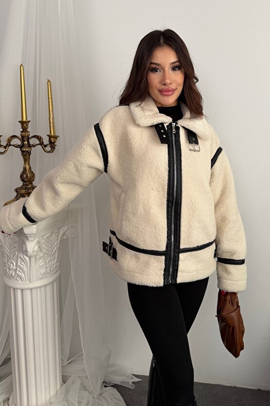 Kadın Deri Detaylı Oversize Peluş Mont - Premium Tasarım Biker Teddy Kaban Ceket