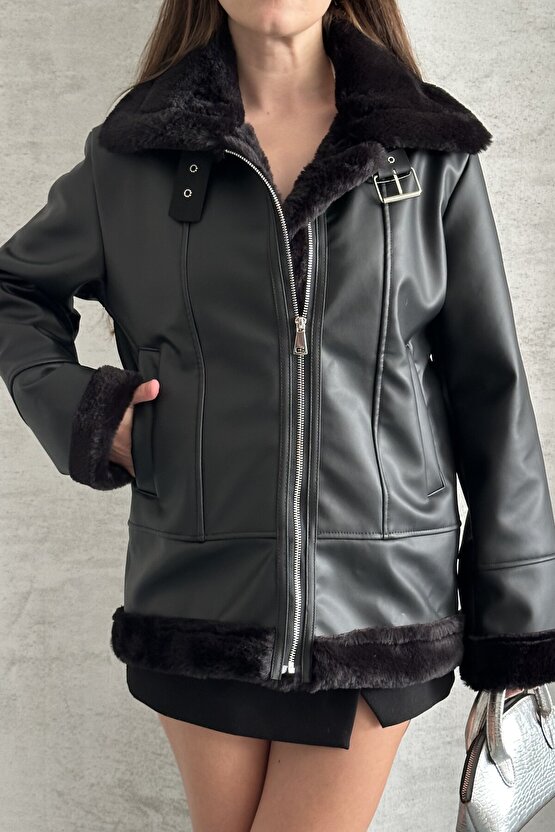 Kadın Siyah İçi İpek Kürklü Oversize Suni Deri Mont - Biker Shearling Ceket