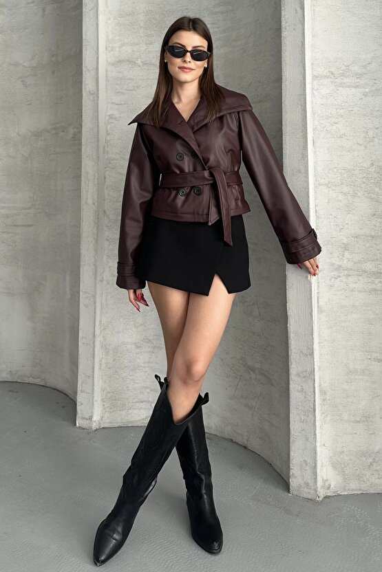 Kadın Deri Trençkot Ceket - Kuşaklı, Düğmeli Crop Biker Suni Deri Mont
